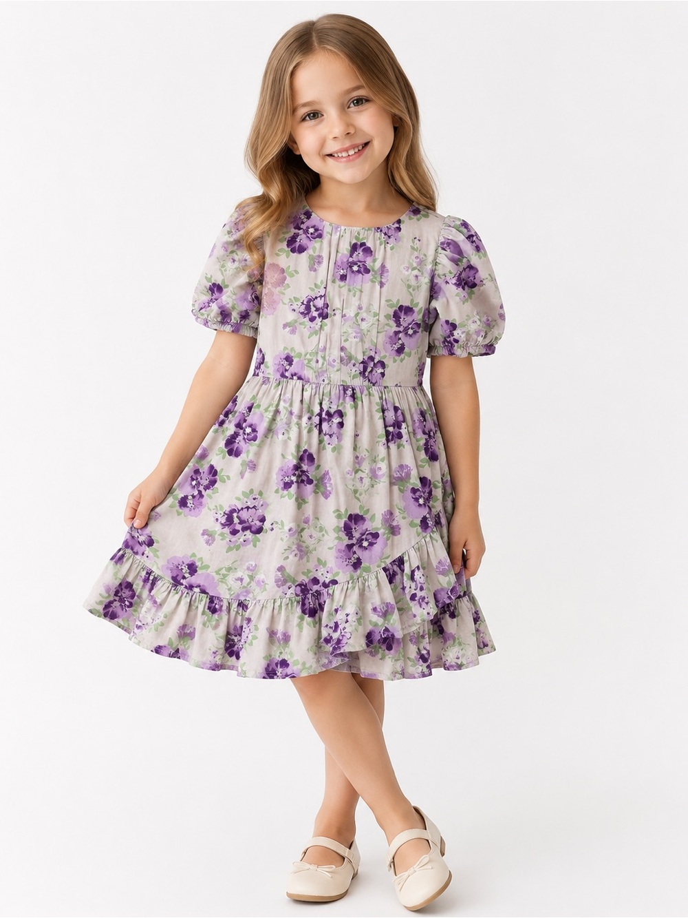 Janie and Jack Purple Floral Puff-Sleeve Girls' Dress size 7